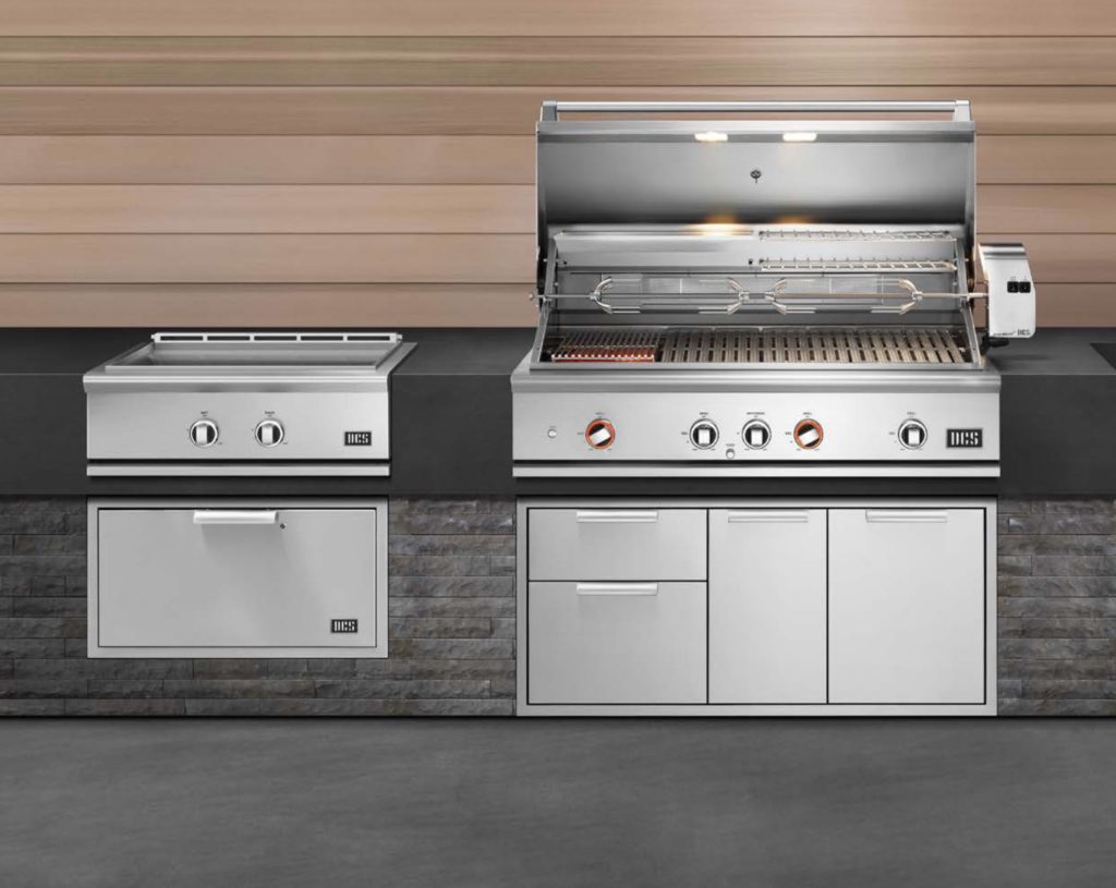 front view of grill in open position in outdoor kitchen