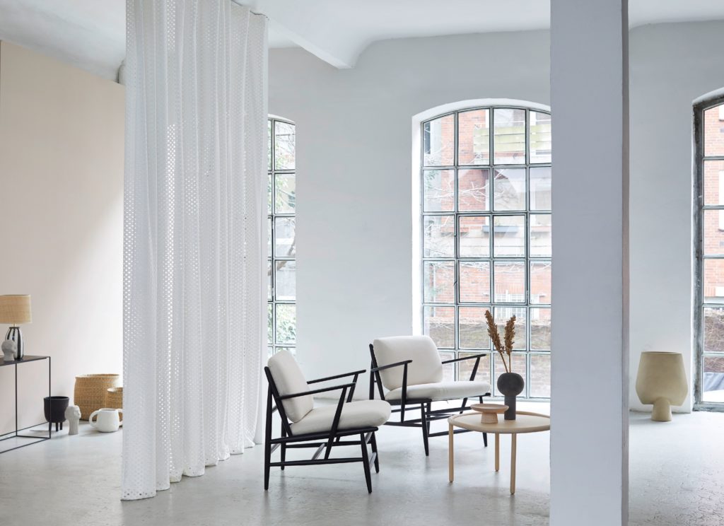 Carnegie and Création Baumann white drapery in open room