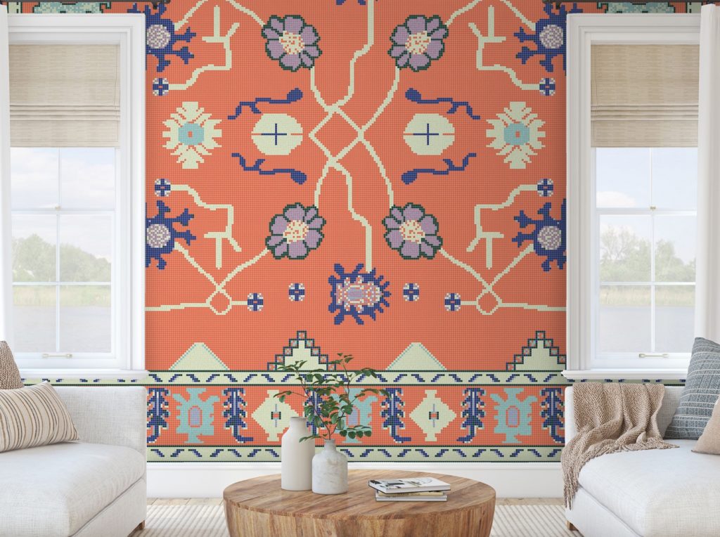 Artaic sintered glass large tile display on wall featuring orange background with interesting floral and insect figures