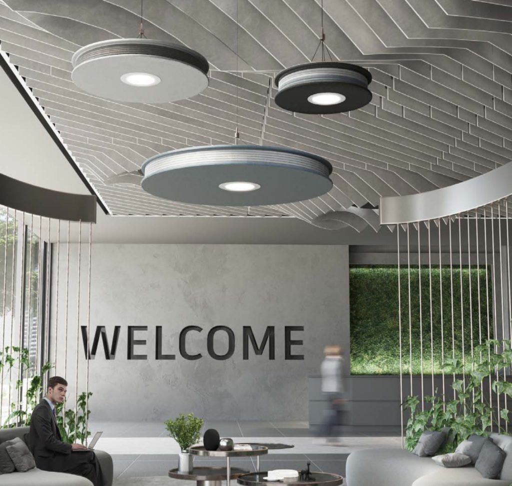 overhead fixtures in waiting area in silver