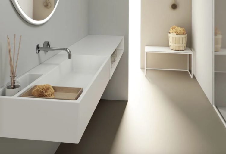 NEXT white with amber accessory tray in light-filled bathroom
