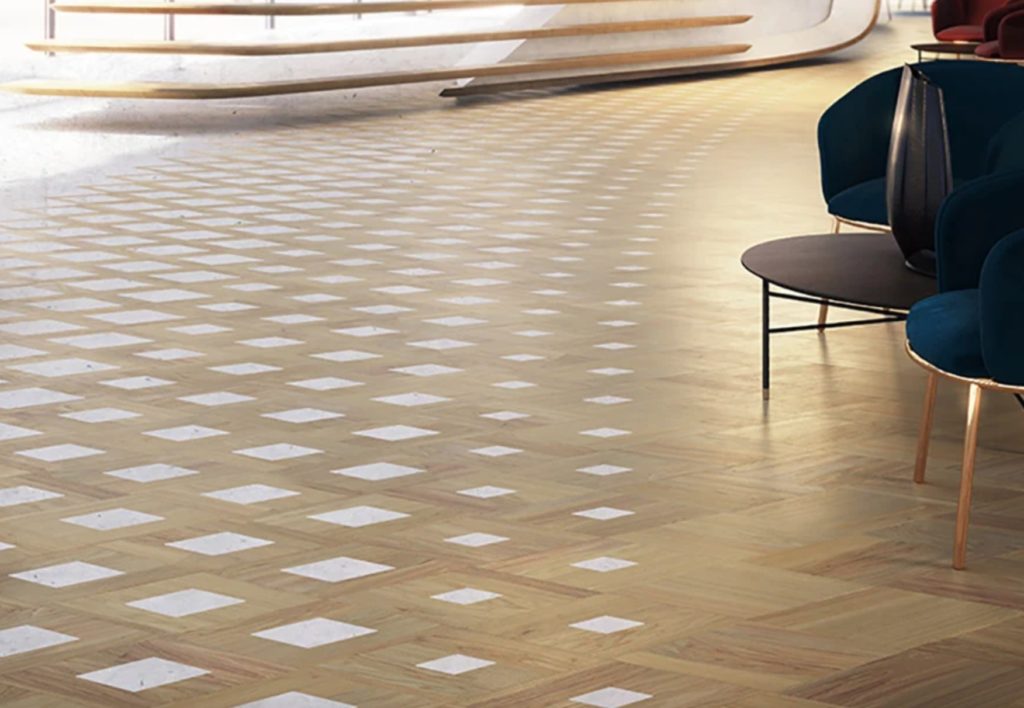 Parquet floor by Cora with different sized quadrilateral shapes