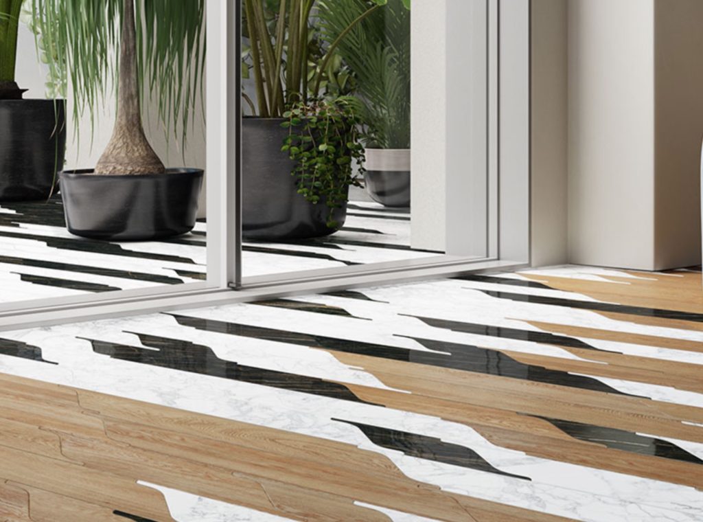 Parquet floor with wood and inlaid black/white ceramic tiles
