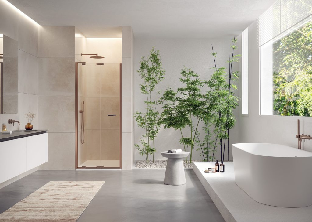 tile enclosed shower with bronze frame in spacious bathroom