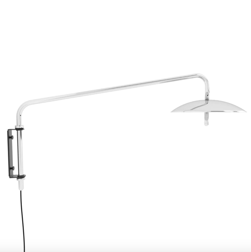 Signal arm sconce with nickel arm and nickel shade