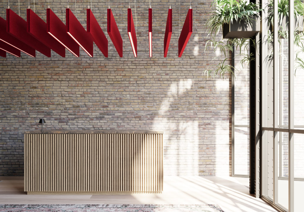 Acoustic Stratta in red downlights and uplights in office
