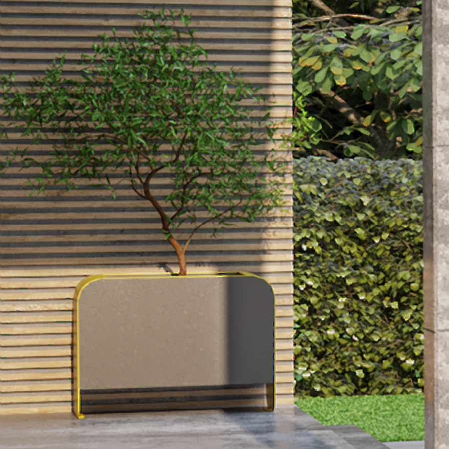 Morris planter in yellow/gray with small tree in it