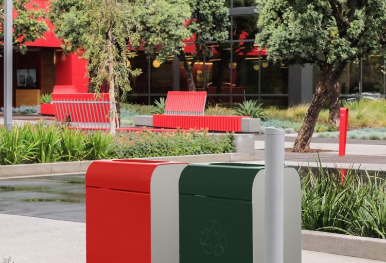 Morris litter bin red and blue outside
