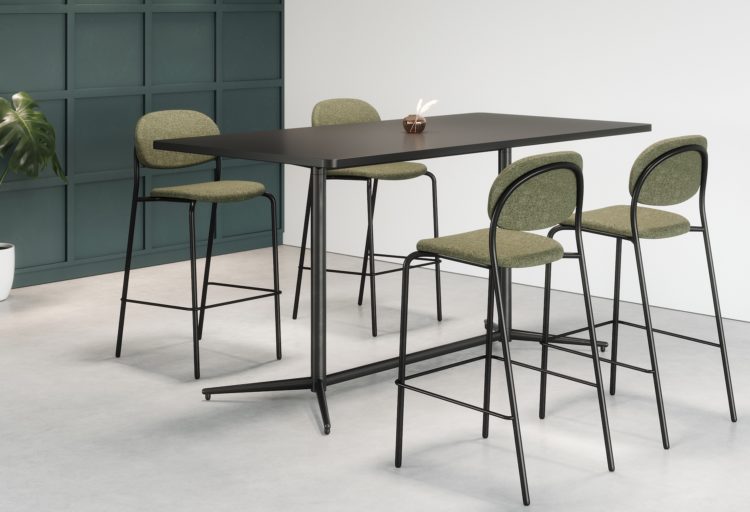 Black high table with high chairs in green upholstery
