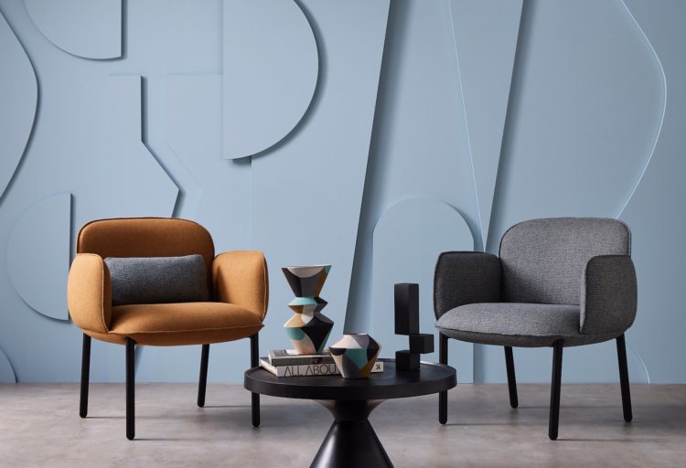 Camira Main Twist fabric and Flax fabric on chairs