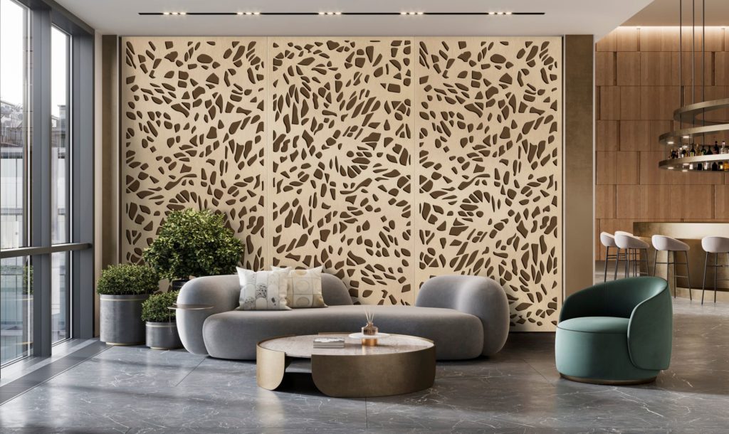 Móz Metals in Motion sample panel in white in nice living room