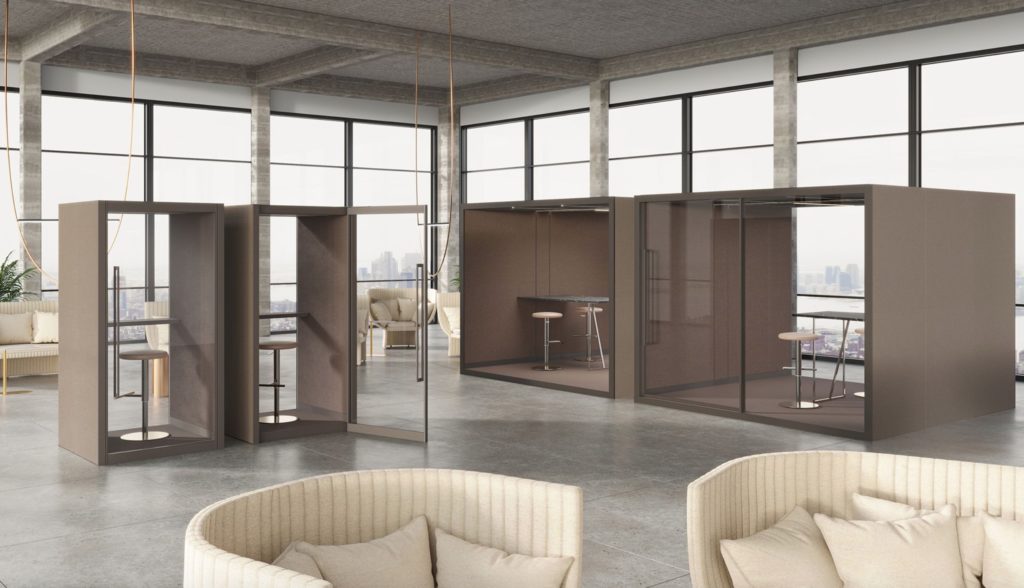 Open office with several different styles of office pod, single and multi-person