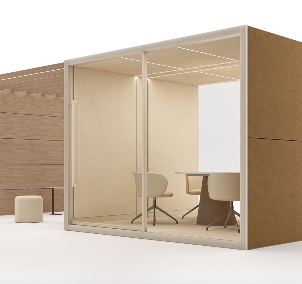Large Privé pod linked to open pod with wood beams overhead