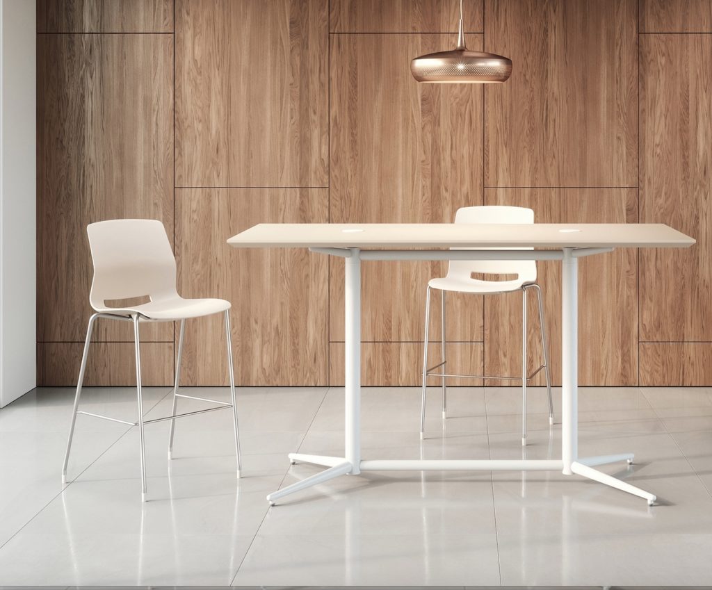 Vaux high table with natural top and white chairs