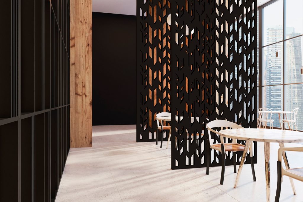 freestanding panels in black metal in restaurant