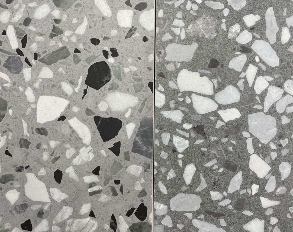 Casalgrande Padana tile detail intermixed stone and tile in grays, whites, blacks