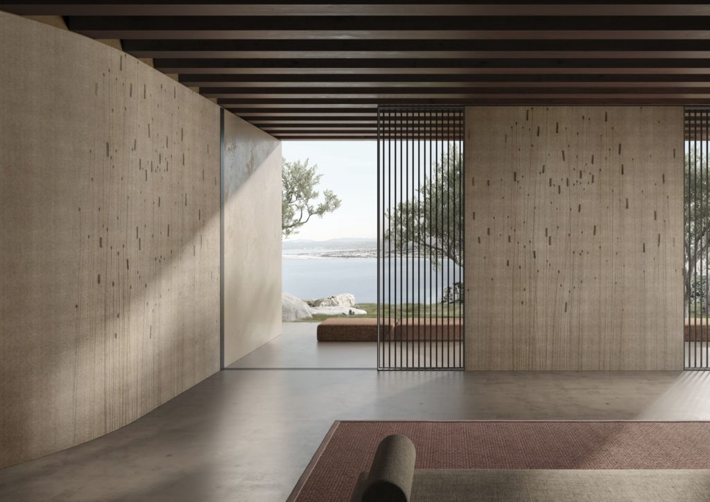 Komorebi wallpaper design that looks like a white birch tree with view of ocean outside