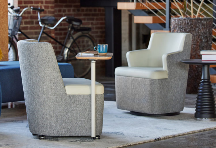 Nate & Natty Lounge two lounge chairs in gray one with table and one with arms