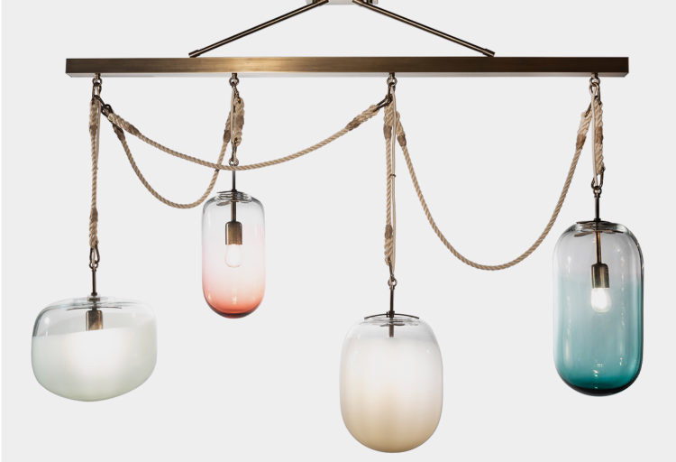 Gourd chandelier four blown glass pendants hung from antique finished metal rod with woven rope