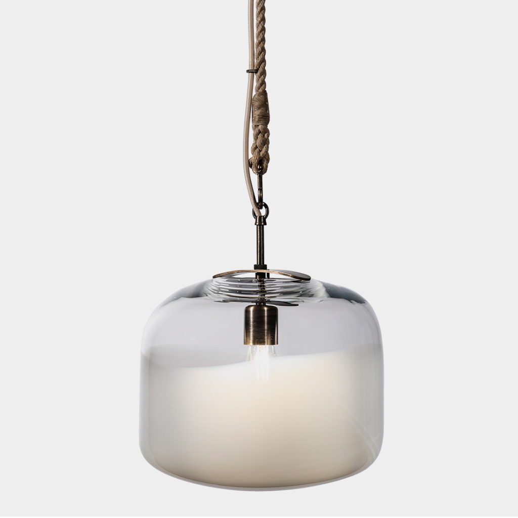 Gourd chandelier smoky gray finish with part of cord visible