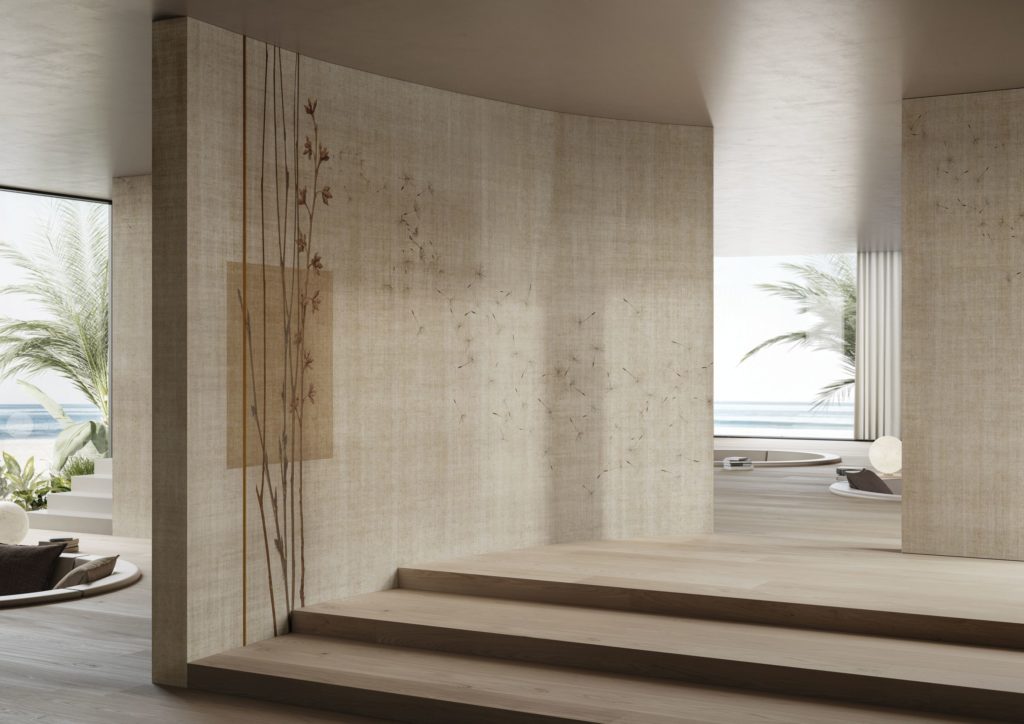 Komorebi design in off white with reedy plants shedding leaves in spare, modern room