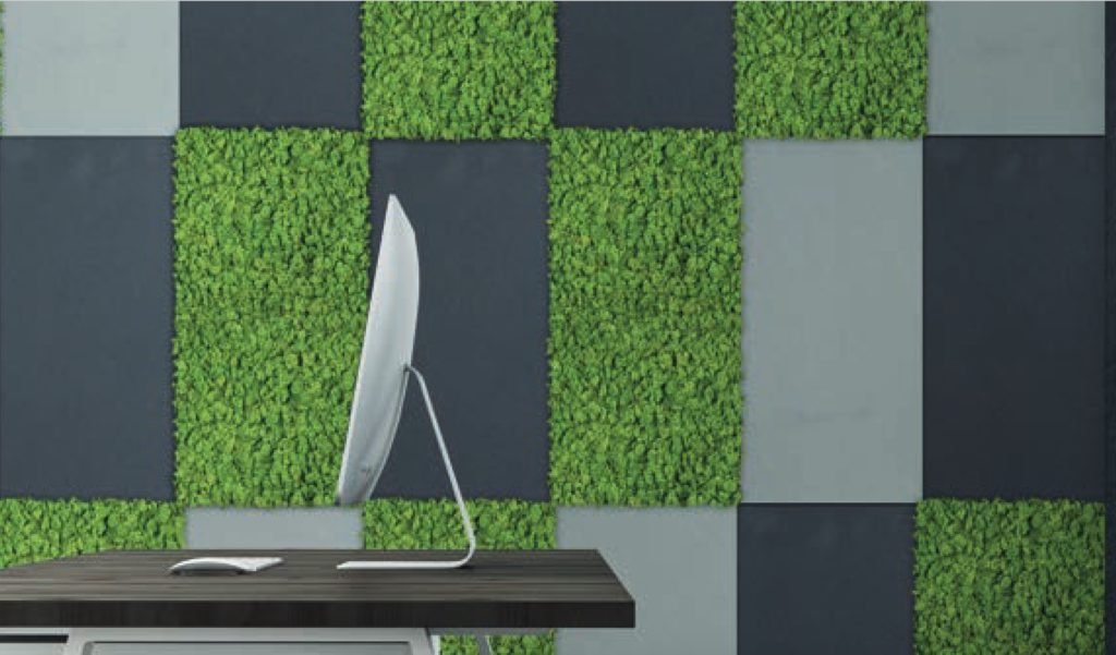 Mr. Flock green moss with gray and blue rectangles