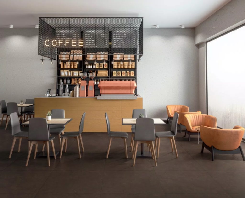 espresso colored tiles on floor of bright coffee shop