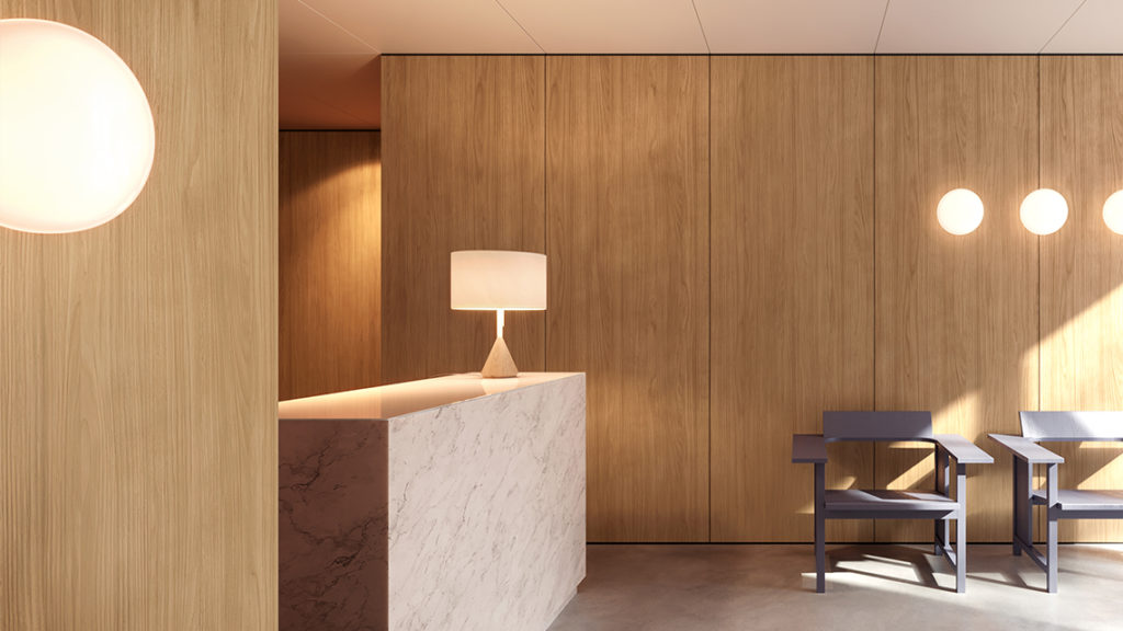 office reception area with wood-like walls that are actually a self-adhesive film covering