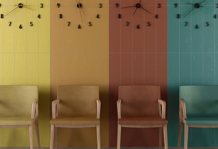 Plaster 2.0 collection different colors on wall with clocks and matching chairs