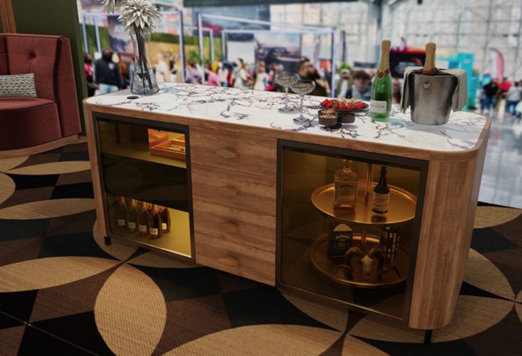 Calacatta Bar front with view of interior features