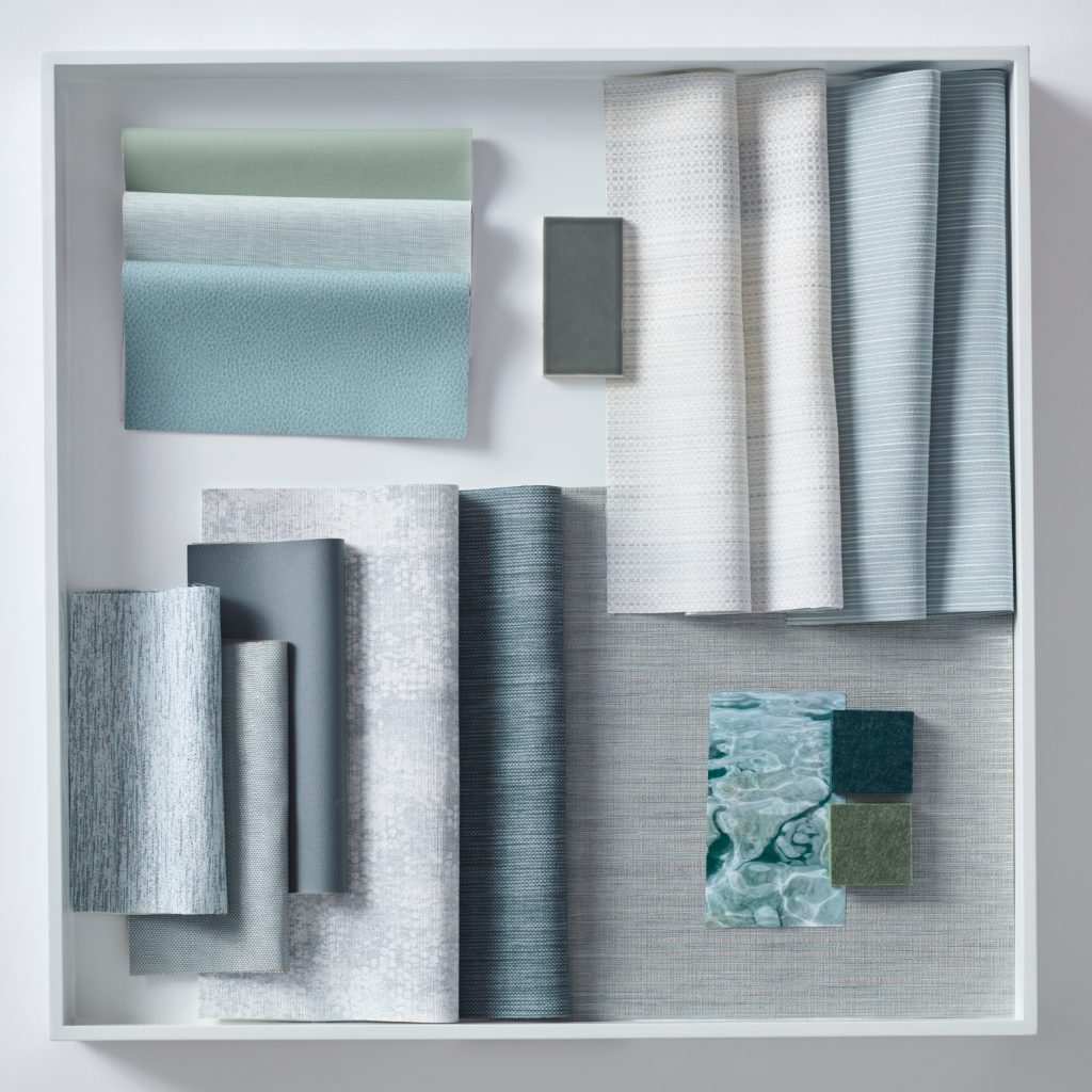 Carnegie Quietude swatches in different patterns with blues, gray, whites