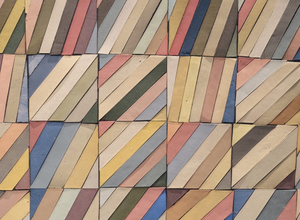Detail of console with bars of clay, colored and assembled at varying angles
