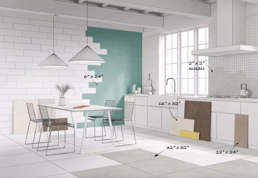 Plaster 2.0 tiles on floor and walls of kitchen with different dimensions of the tiles noted