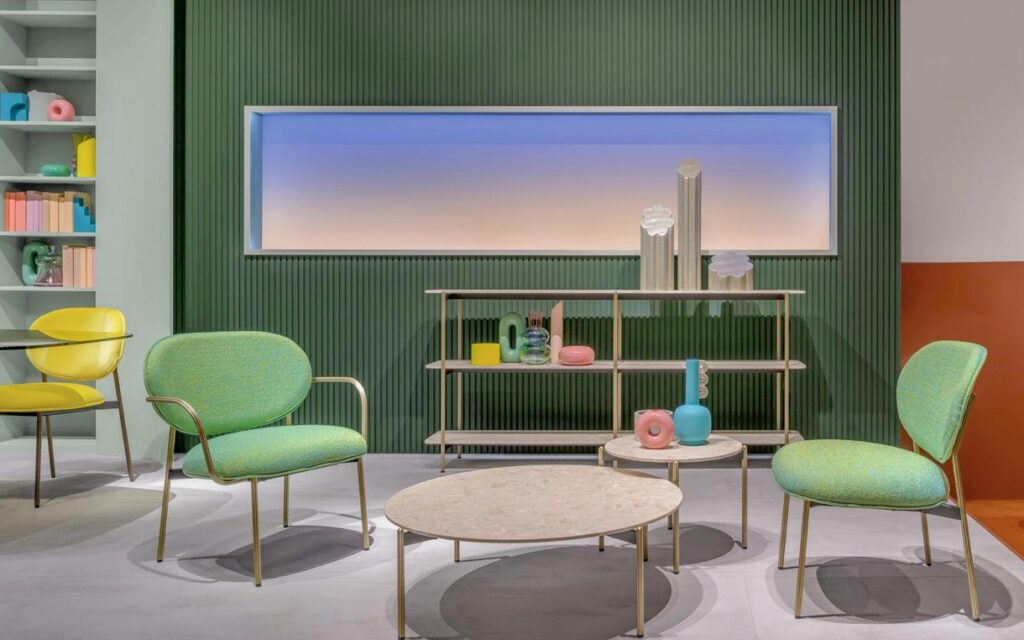Blume collection with chairs, table, and storage unit in colorful room