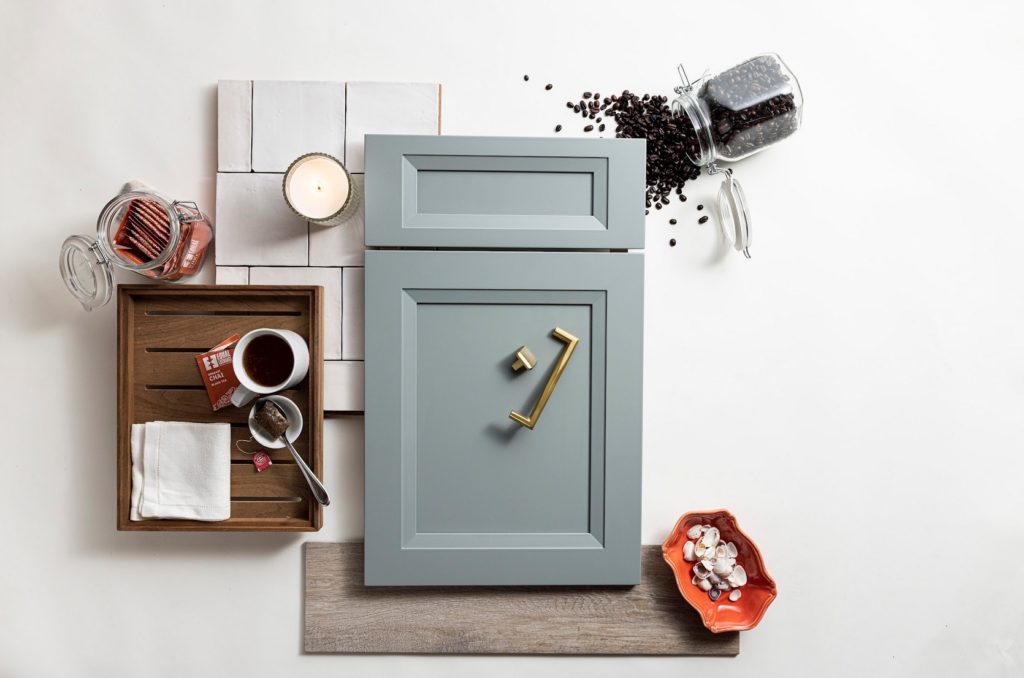 Weston Recessed moodboard in light blue/putty color with coffee accoutrements