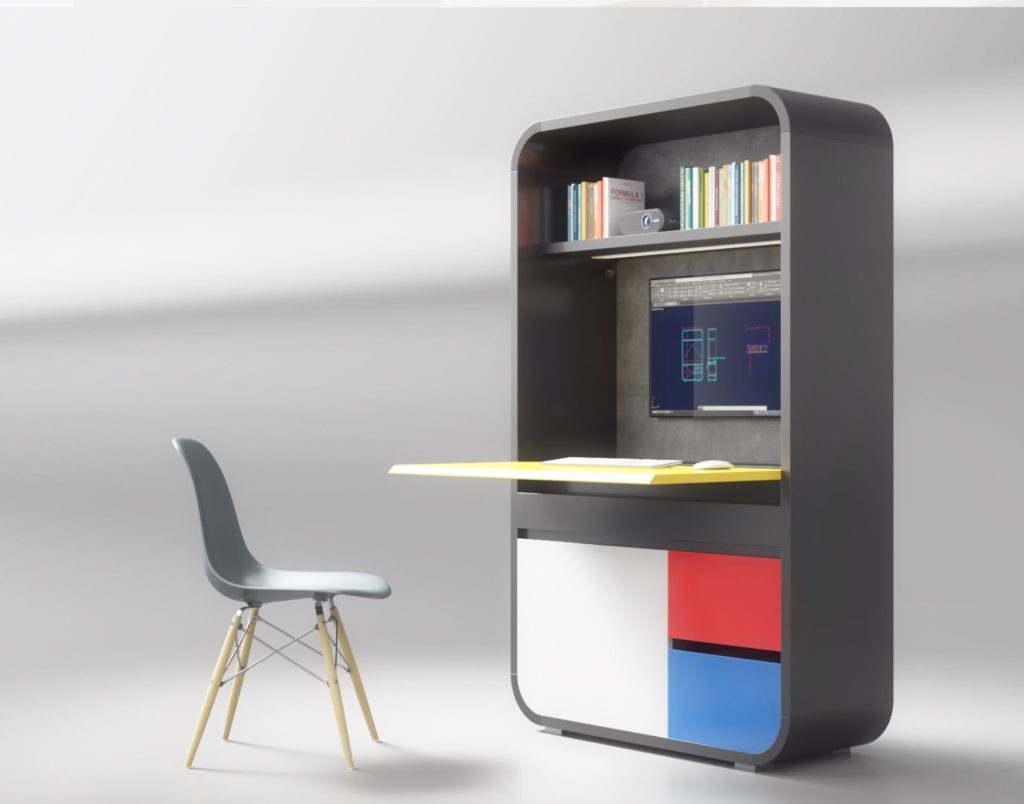 Kapsul rendering with Mondrian detail of three colored blocks in red, blue, and white on bottom half of unit with chair