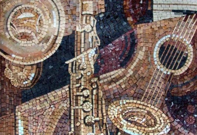 Mozaico music scene in mosaics with horns and piano in abstract design