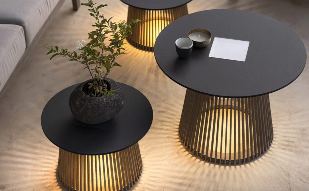 Overhead view of three solar table lamps