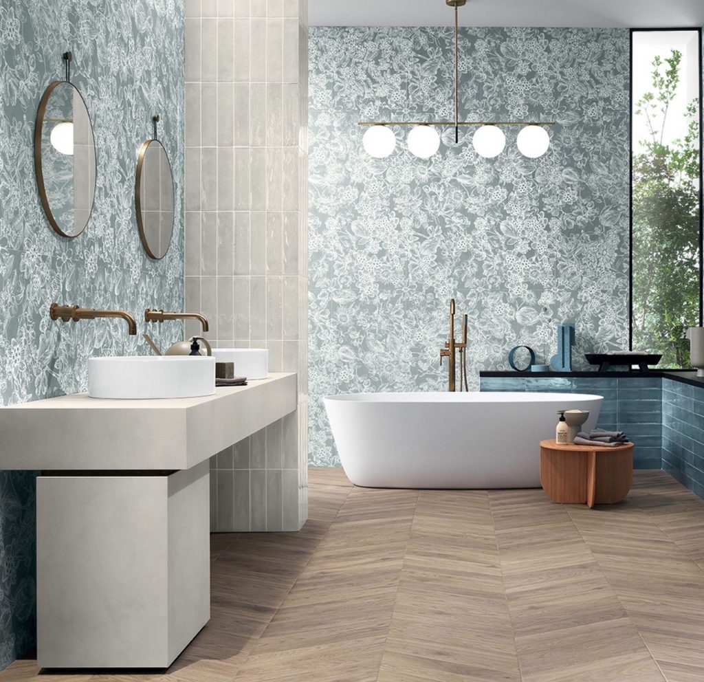 Mirabilia in bathroom dense floral in white with gray/green background