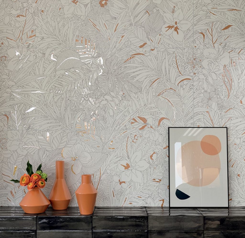 Mirabilia porcelain tiles dense floral pattern in white with peach highlights and silver gilding