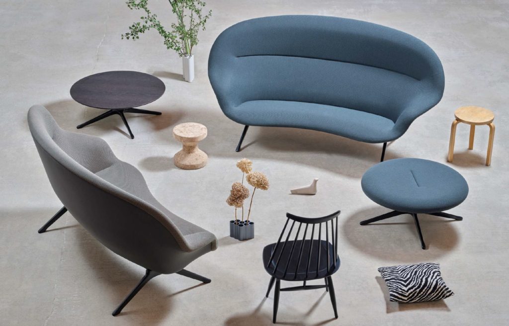 Abalon family with two sofas and two ottomans in slate blue and mid-gray