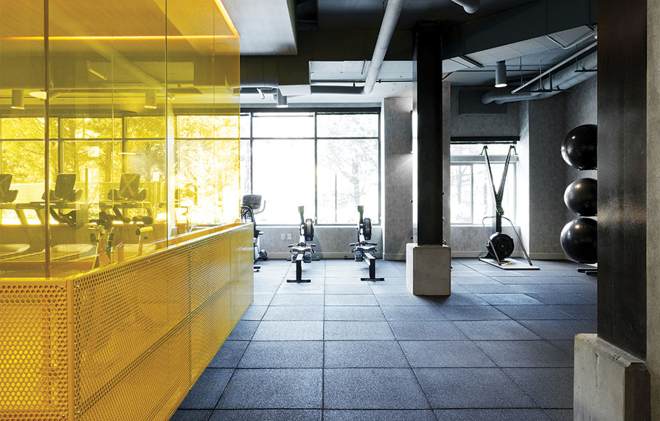 rubber tile floor black floor in training facility with medicine balls, rowing machines, and treadmills