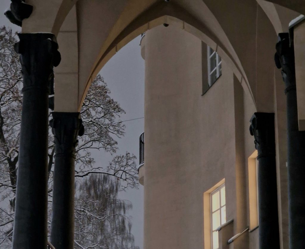 Kaunas apartment exterior with view of Gothic arch