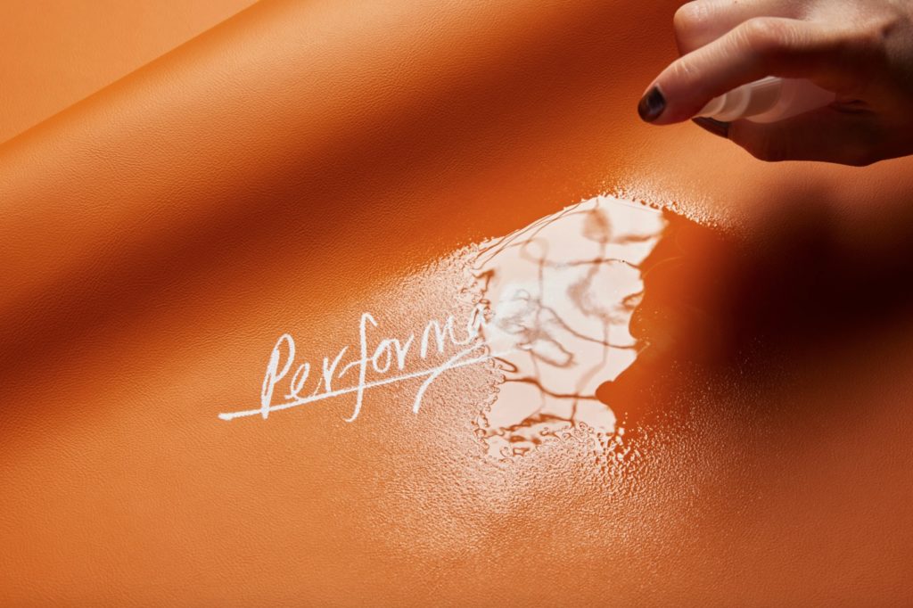 Writer's block PFAS-free textile demonstrating resistance to liquid