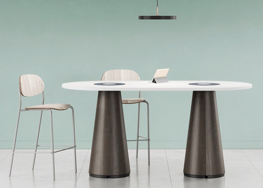 Bar-height table with two chairs, gray/brown base and white top