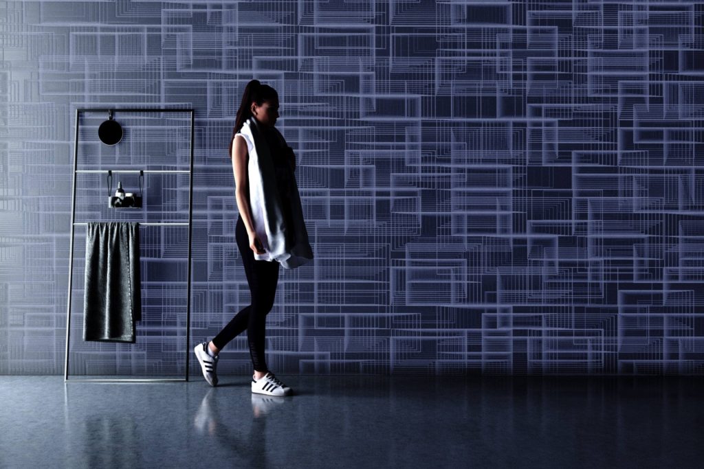 Durasein Patternine material on wall in healthclub with intersecting rectangles creating a 3d effect
