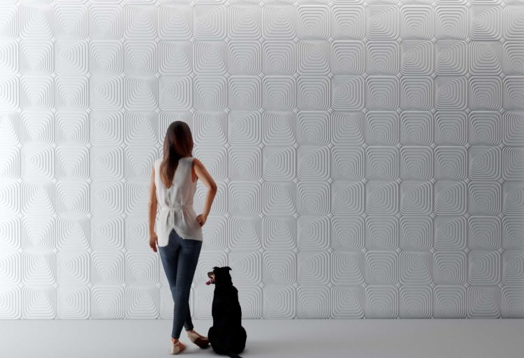 Durasein Patternine collection white wall with circular swirling shapes and woman with dog looking on