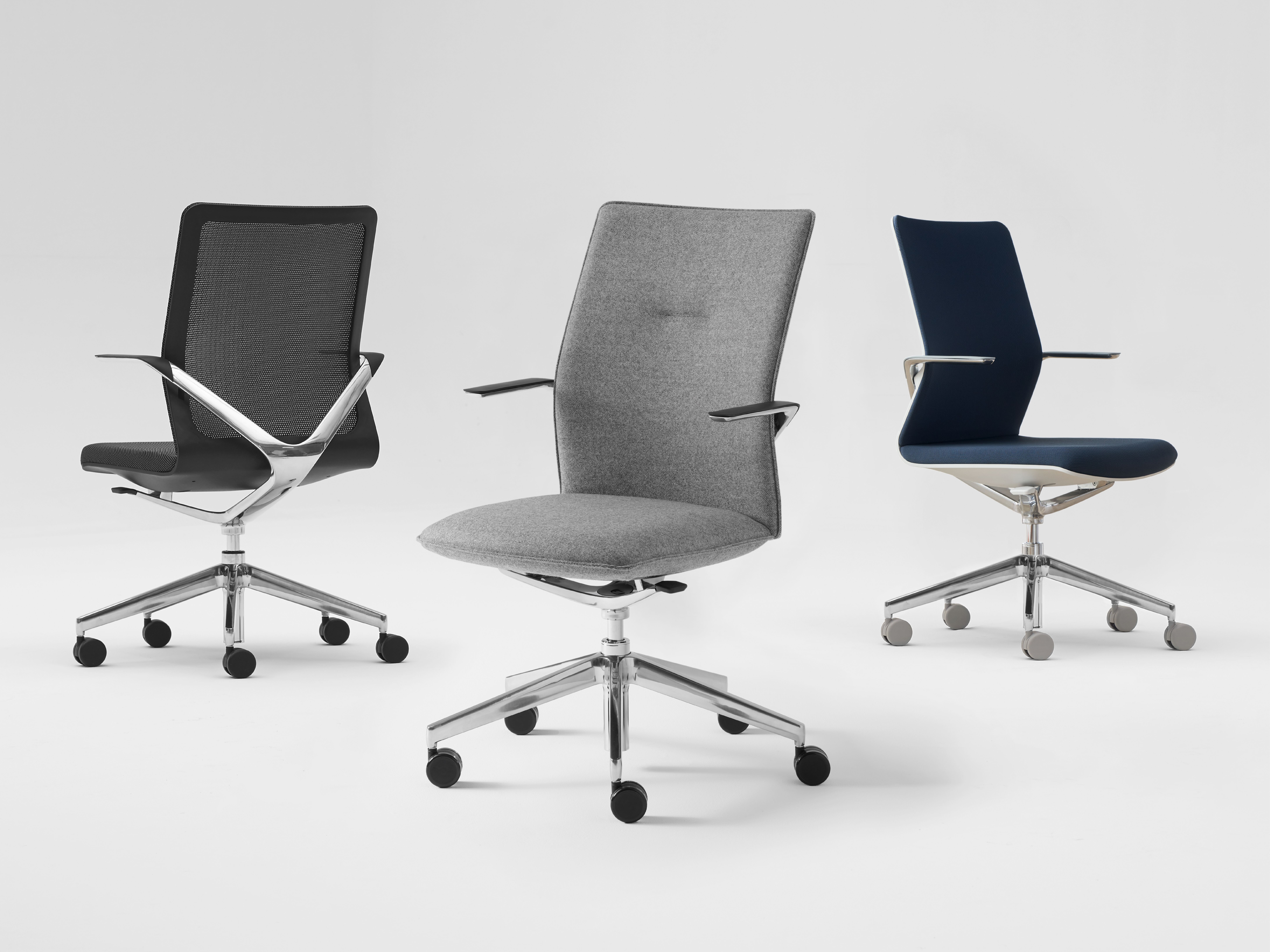 Linq new Knits on three chairs in blue, black, gray