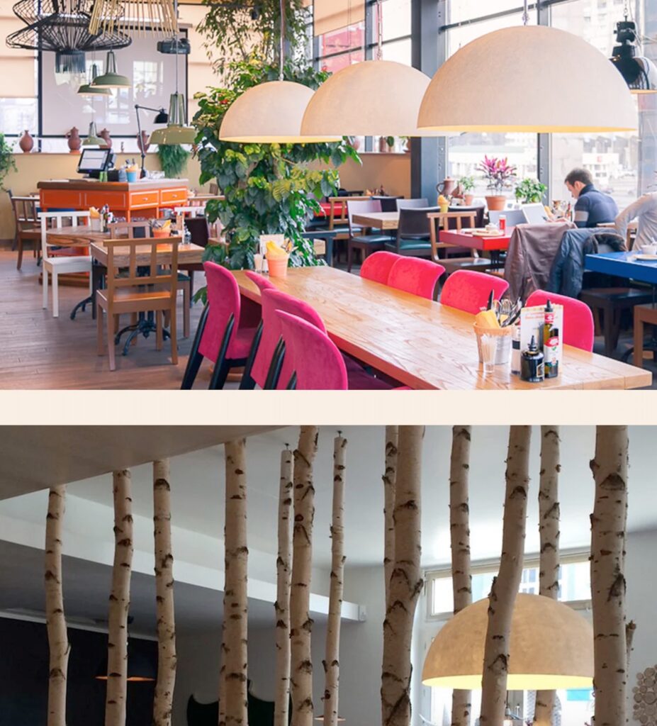 Horizontal split screen:
1 Off-white Mezza Luna over community table in café
2. of-white Mezza Luna in between aspen branches in living room