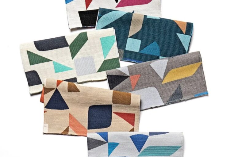Paradiso swatches with colorful geometric shapes pointing at one another